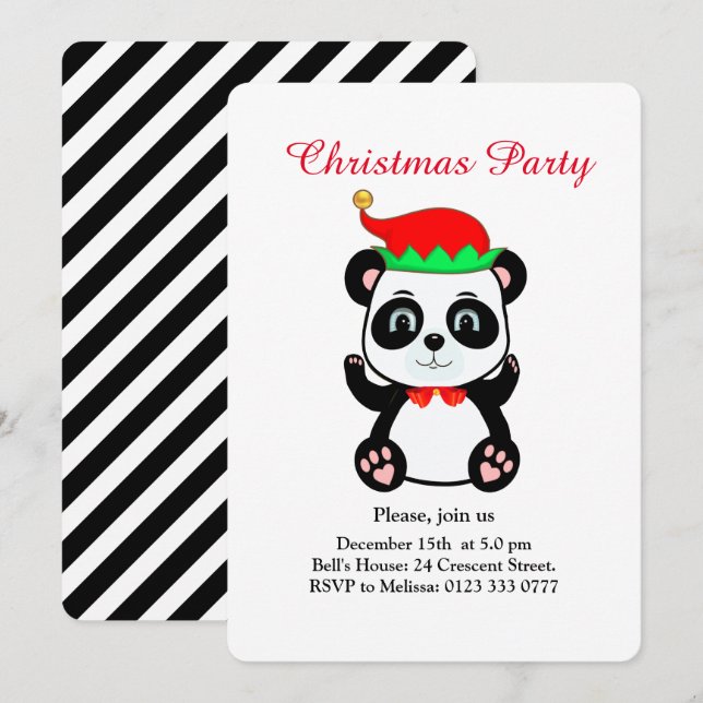 Christmas Panda Bear Elf on White Party Invitation (Front/Back)