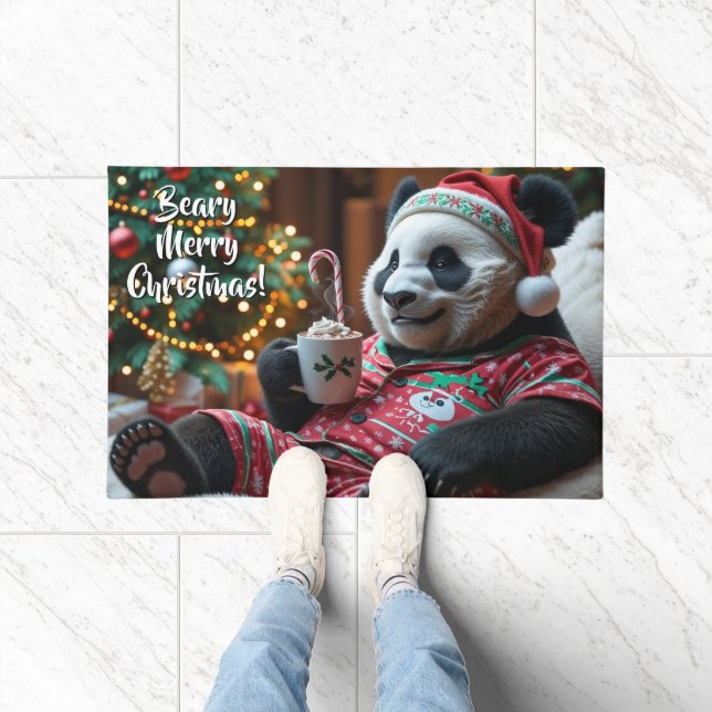 Christmas Panda Bear in Pyjamas Personalized Doormat (Indoor)