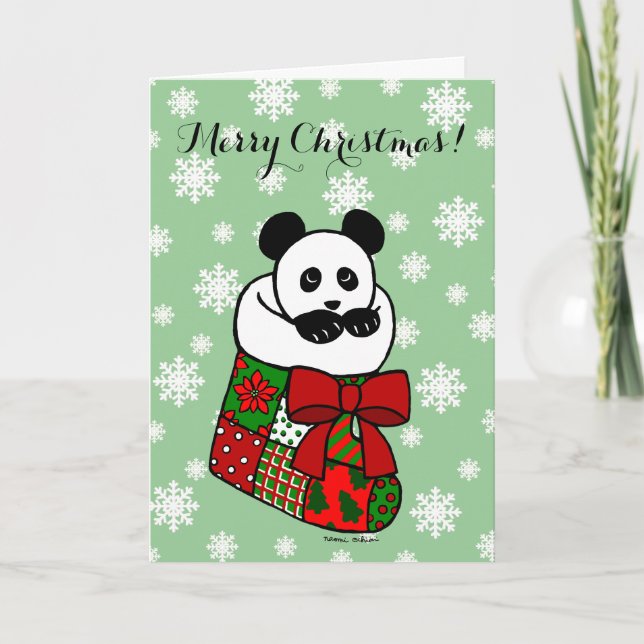 Christmas Panda Cartoon Stocking Snowflake Holiday Card (Front)