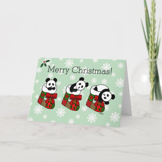 Christmas Panda Cartoon Stocking Snowflake Holiday Card (Front)