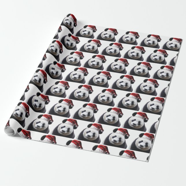 Christmas Panda with Santa Hat Wrapping Paper (Unrolled)