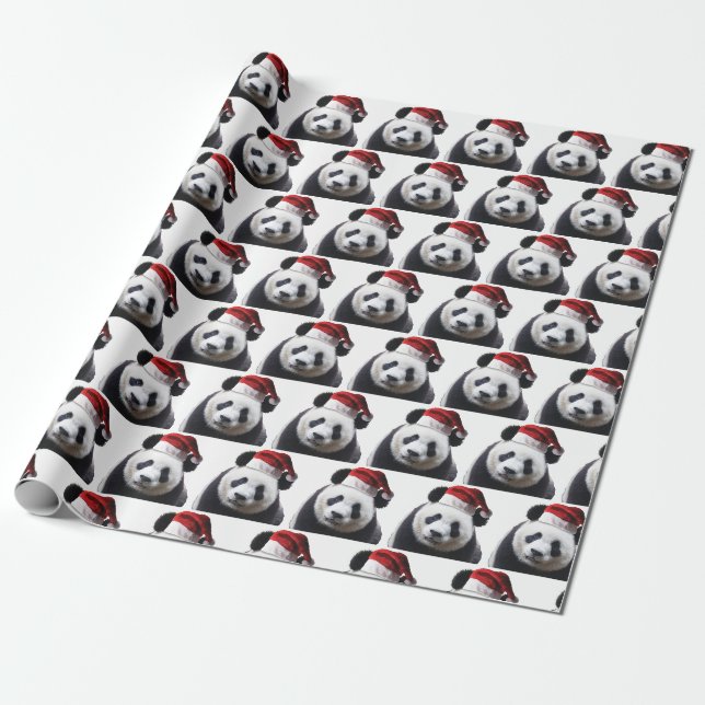 Christmas Panda with Santa Hat Wrapping Paper (Unrolled)