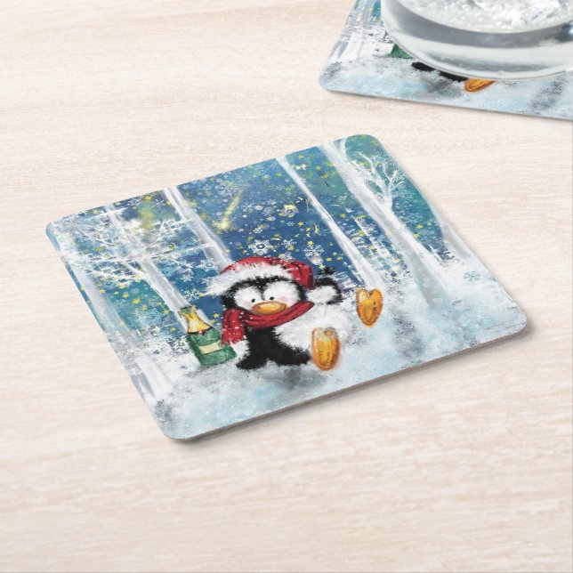 Christmas Paper Coaster with Happy Penguin (Angled)
