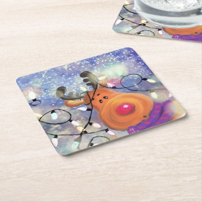 Christmas Paper Coaster with Happy Reindeer (Angled)