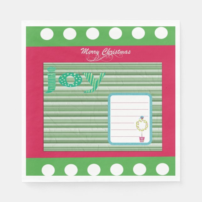 Christmas Paper Napkins, Joy Red Green Stripe Napkin (Front)