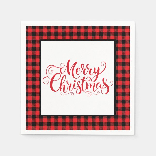 Christmas Paper Napkins Red & Black Buffalo Plaid (Front)