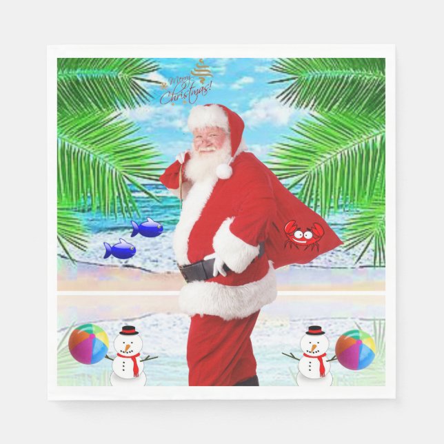 Christmas Paper Napkins, Summer Beach Bum Santa Napkin (Front)