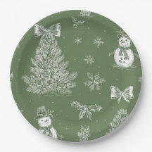 Christmas paper plate green toile