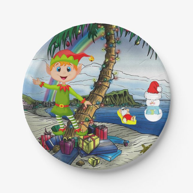 Christmas Paper Plates, Beach Bum Santa Paper Plate (Front)