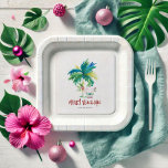 Christmas Paper Plates Cute Tropical Beach<br><div class="desc">Set the scene for your Xmas party with these festive Christmas paper plates featuring a hand-painted tropical design! A jolly Santa stands beneath a charming palm tree on the beach, with the words "Merry Beach-mas" in playful hand-lettered typography. These custom and personalized plates are perfect for a Christmas in July...</div>