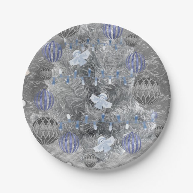 Christmas Paper Plates, Merry Blue Silver Tree Plate (Front)