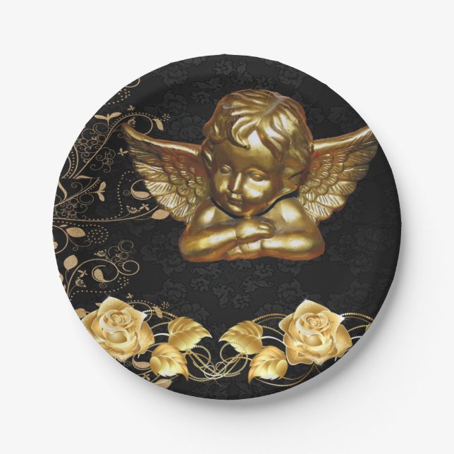 Christmas Paper Plates, Merry Christmas Gold Angel Paper Plate (Front)
