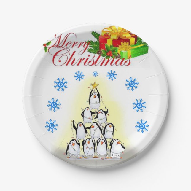 Christmas Paper Plates, Merry Christmas Penguin Paper Plate (Front)