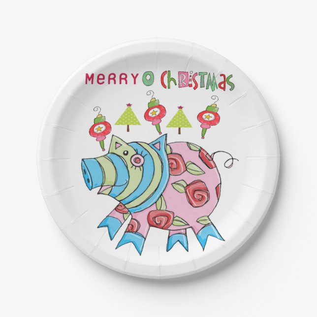 Christmas Paper Plates, Merry Christmas Pig Paper Plate (Front)