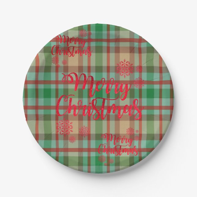 Christmas Paper Plates, Merry Christmas Plaid Plate (Front)