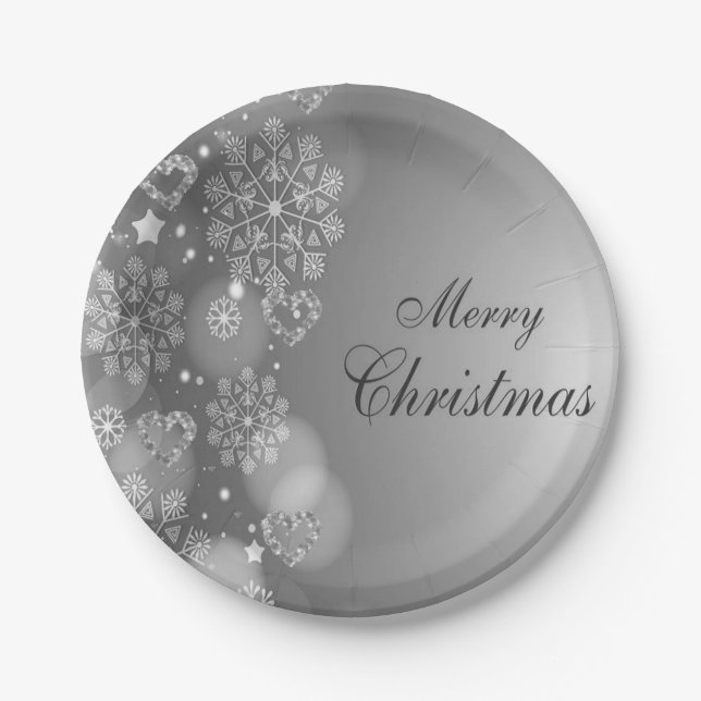 Christmas Paper Plates, Merry Christmas Silver Plate (Front)
