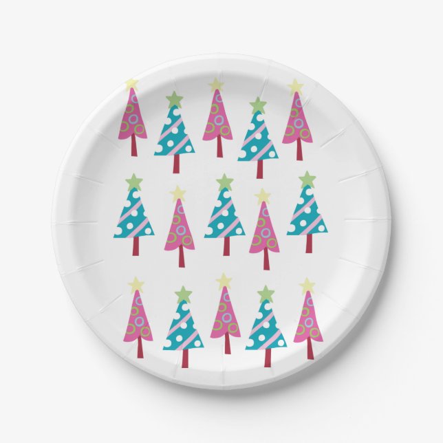 Christmas Paper Plates, Merry Christmas TreesPink  Paper Plate (Front)