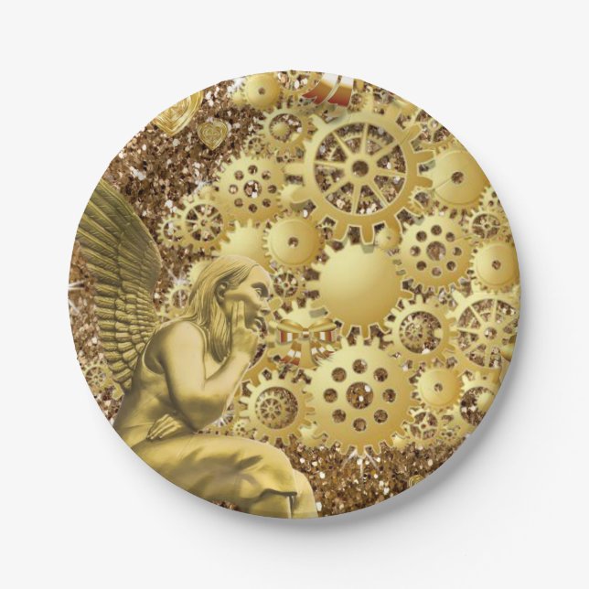 Christmas Paper Plates, Merry Gold Angel Plate (Front)