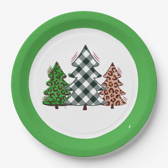 Christmas Paper Plates - Plaid Leopard Tree Set (Front)