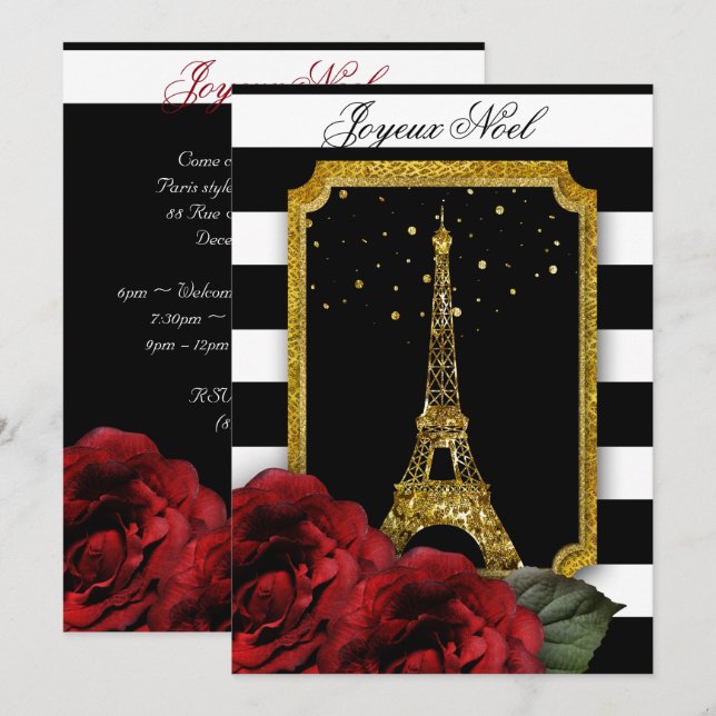 Christmas Paris Rose Eiffel Tower White Stripe Invitation (Front/Back)