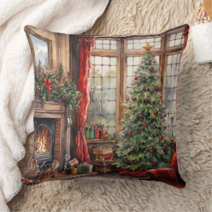 Christmas Parlour Window Tree Red Throw Pillow