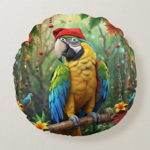 Christmas Parrot As Santa Claus-76349 Round Pillow