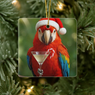 Christmas Parrot Holding a Cocktail Ceramic Ornament