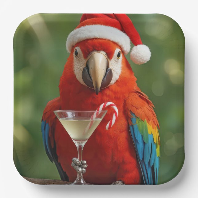 Christmas Parrot Holding a Cocktail Paper Plate (Front)