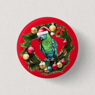 Christmas Parrot Wreath 1 Inch Round Button