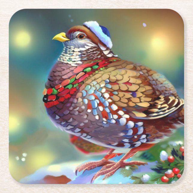 Christmas Partridge 4 Square Paper Coaster (Front)