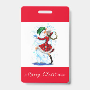 Christmas Party Badge Snowman and Girl Dance