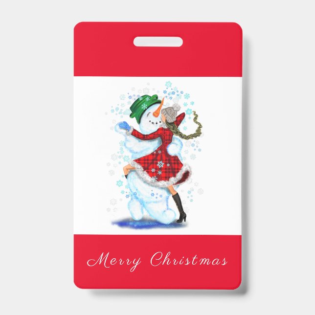 Christmas Party Badge Snowman and Girl Dance (Front)