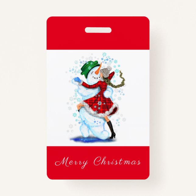 Christmas Party Badge Snowman and Girl Dance (Front)