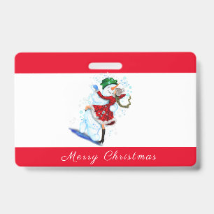 Christmas Party Badge Snowman and Girl Dance