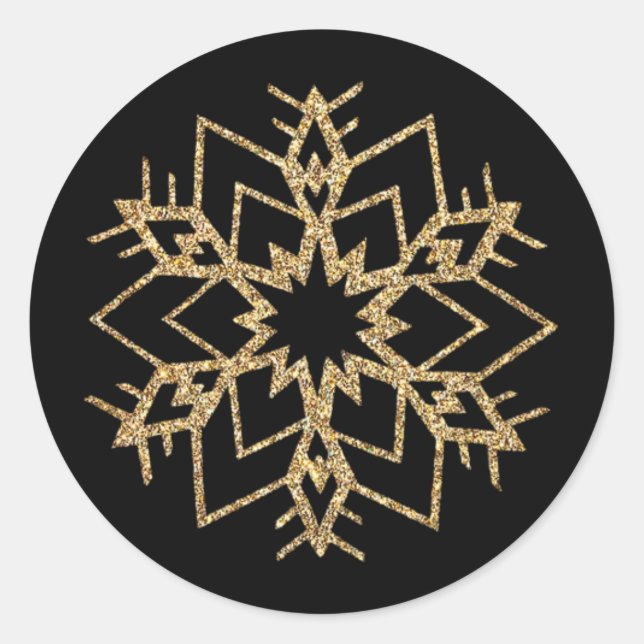 Christmas Party |  Black and Gold Snowflakes Classic Round Sticker (Front)