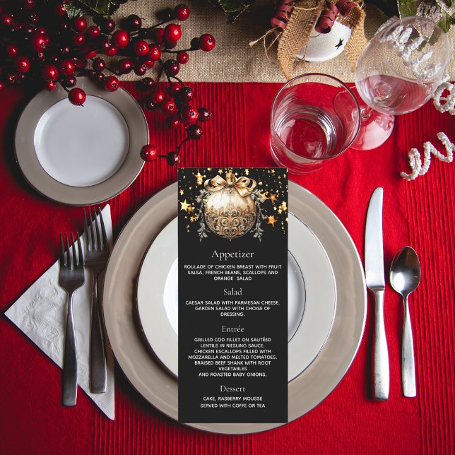 Christmas party black gold bauble dinner menu card (Creator Uploaded)