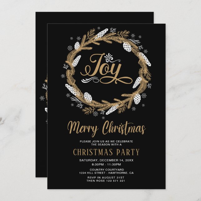 Christmas Party black & gold Joy Invitation (Front/Back)