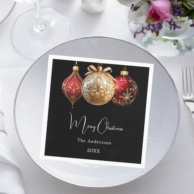 Christmas party black red gold baubles napkin (Creator Uploaded)