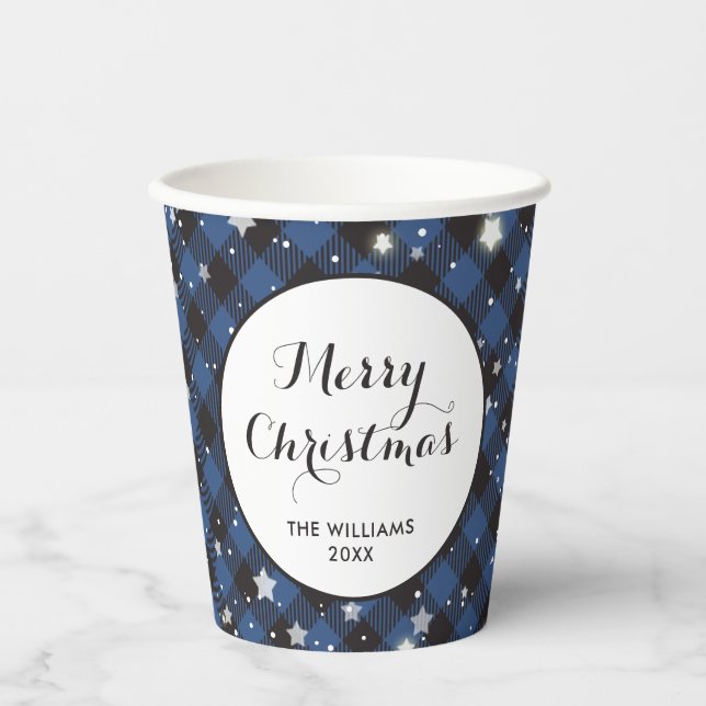 Christmas Party Blue Buffalo Plaid Paper Cups (Front)