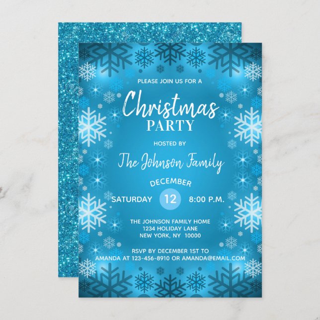 CHRISTMAS PARTY Blue Glitter White Snowflakes Snow Invitation (Front/Back)