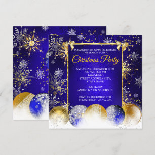 Christmas Party Blue Gold Bauble Snowflake Invitation