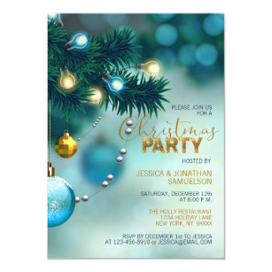 Christmas Party Blue Gold Tree Baubles Glitter Invitation 7C Zazzle