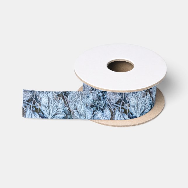 Christmas Party Blue Leaves Snow Winter Holidays Satin Ribbon (Spool)