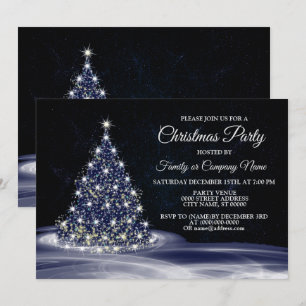 Christmas Party Blue Shiny Tree Winter Navy Invitation