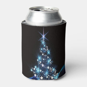 Christmas Party Blue Tree Shiny Black Elegant Can Cooler