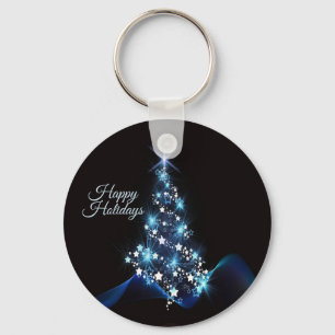 Christmas Party Blue Tree Shiny Black Elegant Keychain