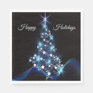 Christmas Party Blue Tree Shiny Black Elegant Napkin