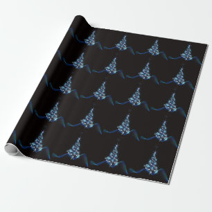 Christmas Party Blue Tree Shiny Black Elegant Wrapping Paper