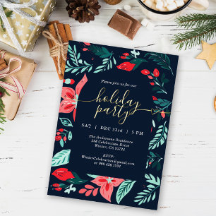Christmas Party Botanical Red Floral Blue  Foil Holiday Card