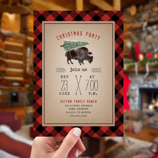 Christmas Party Buffalo Bison Tree Rustic Plaid Invitation (Creator Uploaded)